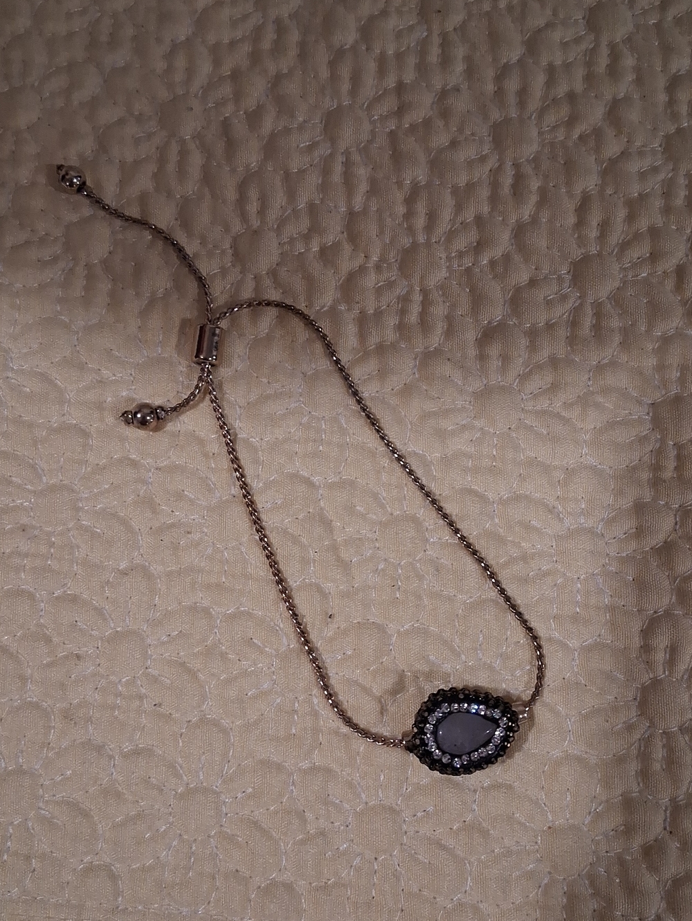 Grey Quartz & Rhinestone Adjustable Bracelet Goldtone